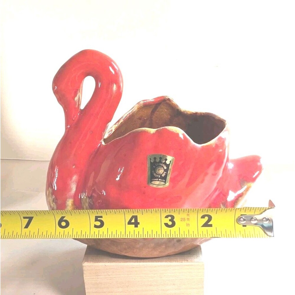 Vintage Cameron Clay Drip Pottery Swan Planter  Orange Brown Mcm
